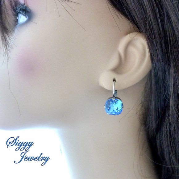 ICE BLUE Cushion Cut Crystal Solitaire Earrings made with Austrian Crystals - Picture 6 of 7
